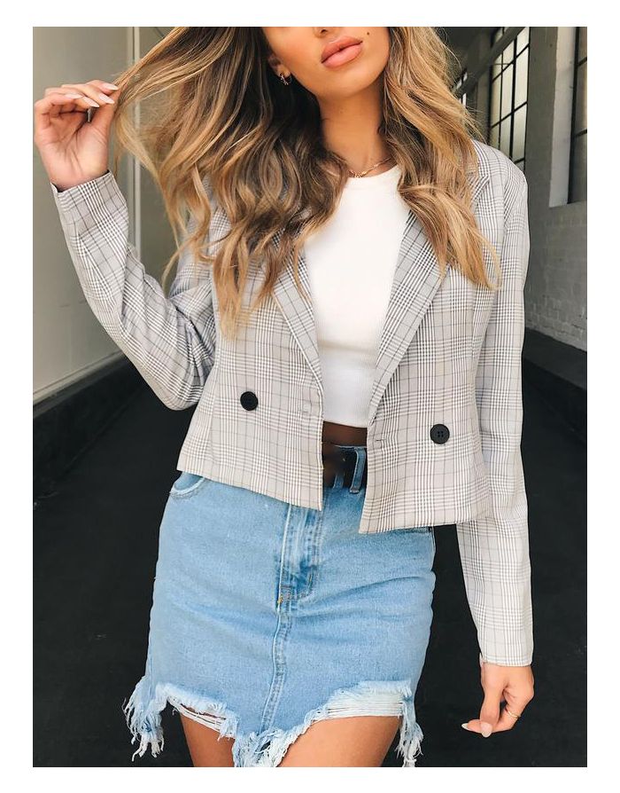 Autumn Winter Long Sleeve Lapel Plaid One Button Short Women Blazer