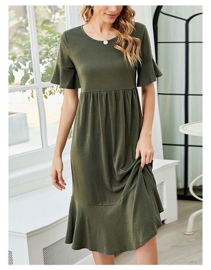 Spring Summer Solid Color Short Sleeve Round Neck Draped Flounced Hem Midi A-Line Dresses