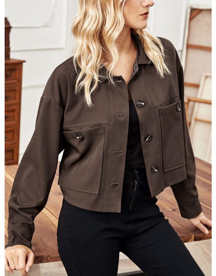 Fall Winter New Women Fashion Long Sleeve Cargo Coat Lapel Single Breasted Pockets Short Jacket