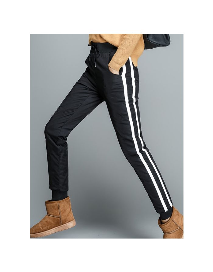 Drawstring Striped High Waist Sports Casual Warm Down Pants