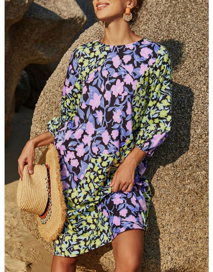 Women Loose Long Sleeve Round Neck Floral Printed Stitching Color Casual Midi Dress